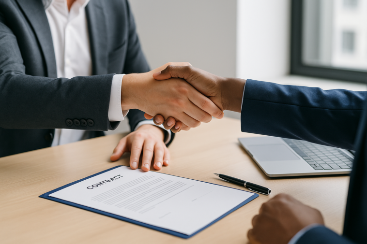 Defense Contract Management: Commercial Risks shown by two people shaking hands over a table