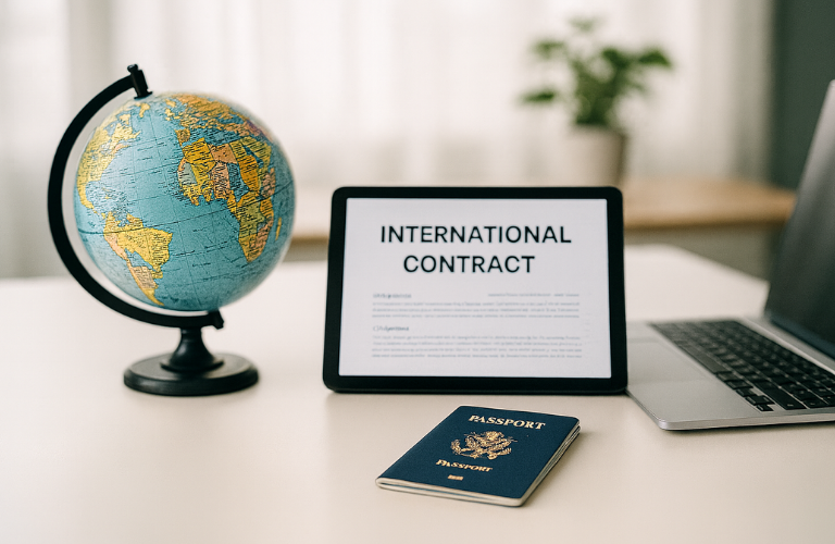 Securing and Managing International Contracts - Commercial Awareness Training element shown by a glob and a passport and an international contract on an ipad