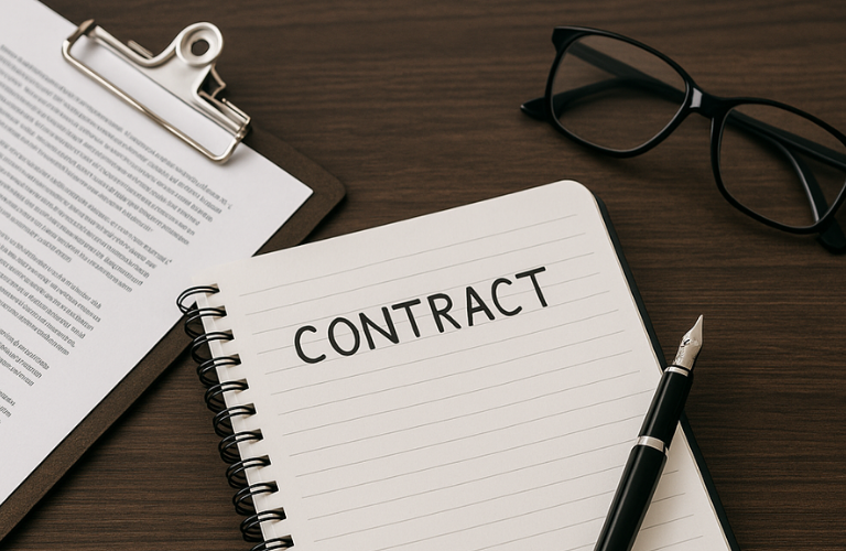 Commercial Awareness Training: Writing for Business Success: From Emails to Contracts shown by a notbook with a contrat draft