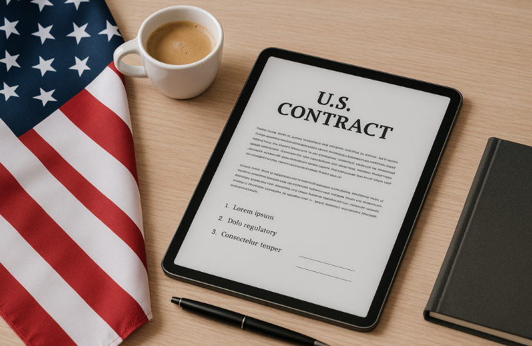 US Specific Commercial Awareness Training Course showbn by a us contract on a ipad surounded by a cup of coffee and an american flag.