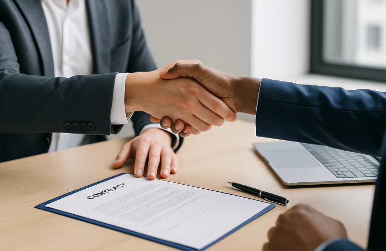 Commercial Awareness Training: Business Negotiation & Influencing Techniques. Shown by 2 professionals shaking hands over a contract
